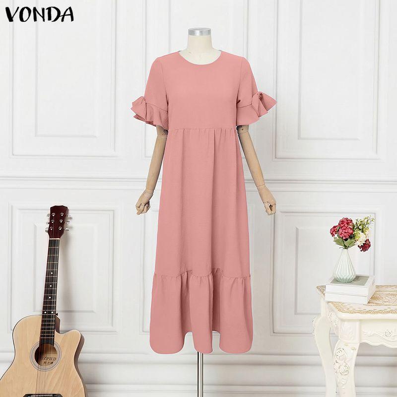VONDA Summer Women O Neck Ruffled Short Sleeve Casual Pleated Maxi Dress Robes M