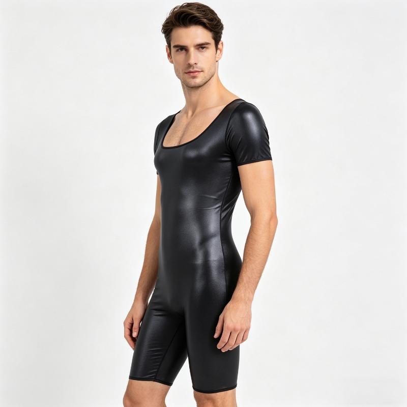 Men High Elasticity Plus Size Short Sleeve Shaping Seamless Glossy Tight Sexy Bodysuit