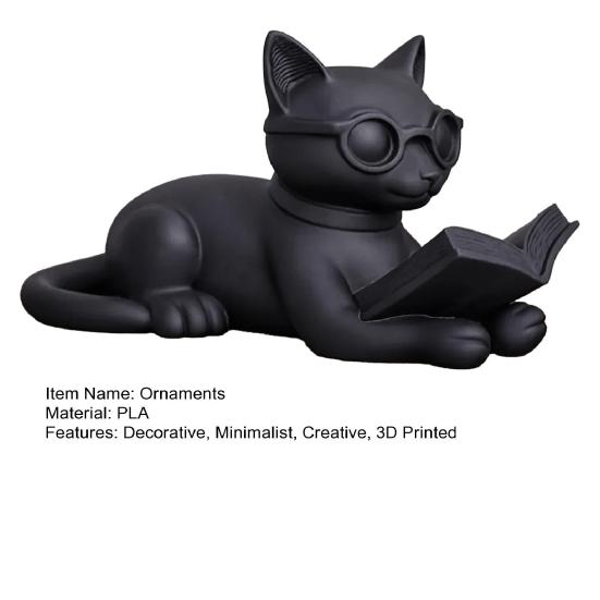 Bookshelf Decorative Accents 3D Printed Reading Cat Figurine, Statue with Eyeglasses, Creative Birthday Gifts Animal Desktop Ornament for Home Office