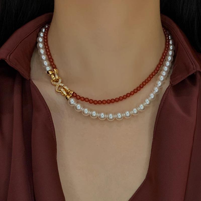 Double-Layer Shijia Pearl Red Agate Necklace, Slightly Inlaid With 8-Character Buckle, Chalcedony Collarbone Chain, Tiger S Eye Stone, Black Agate