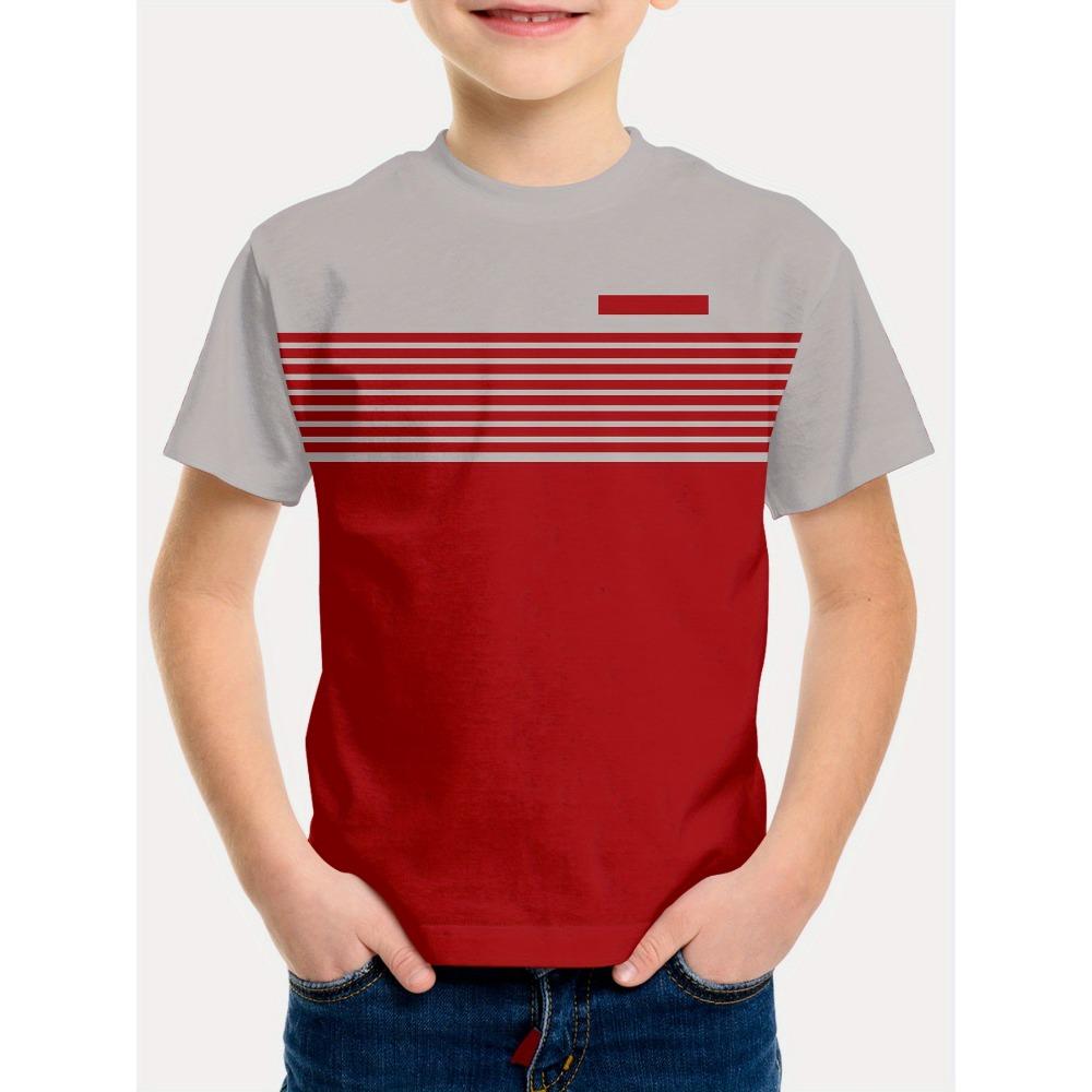 Summer fashion boys  3D digital printed red gray striped casual T-shirt, suitable for daily and outdoor sports T-shirt 140
