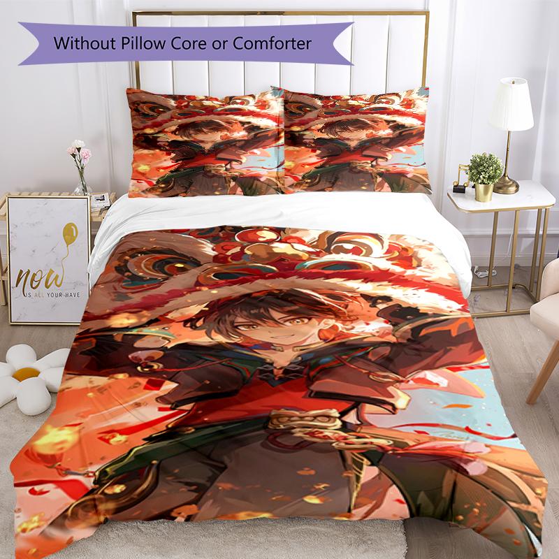 3pcs Genshin Impact characters7 pattern bedding set duvet cover set includes duvet cover &pillowcases, perfect all season bedroom decoration & gift