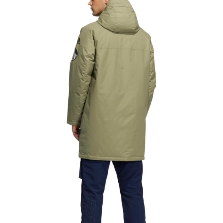 Adidas Patchwork Hooded Mid-Length Zip Down Jacket Men Outerwear Olive-Green HA1173