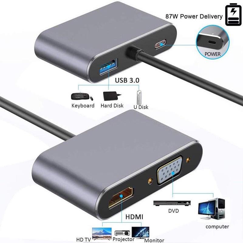 Type-C 4-in-1 Docking Station: HDMI Multi-Screen Display & 4K Mirroring Hub