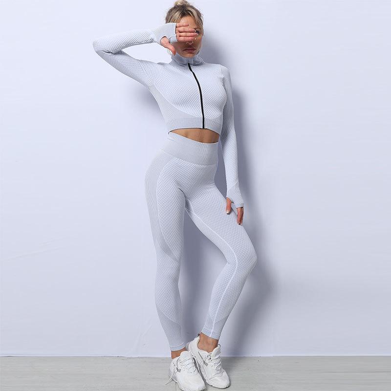 Costum de yoga din tricot fără cusături pentru femei: Set de toamnă/iarnă din 3 piese cu ridicare de șold pentru fitness și alergare