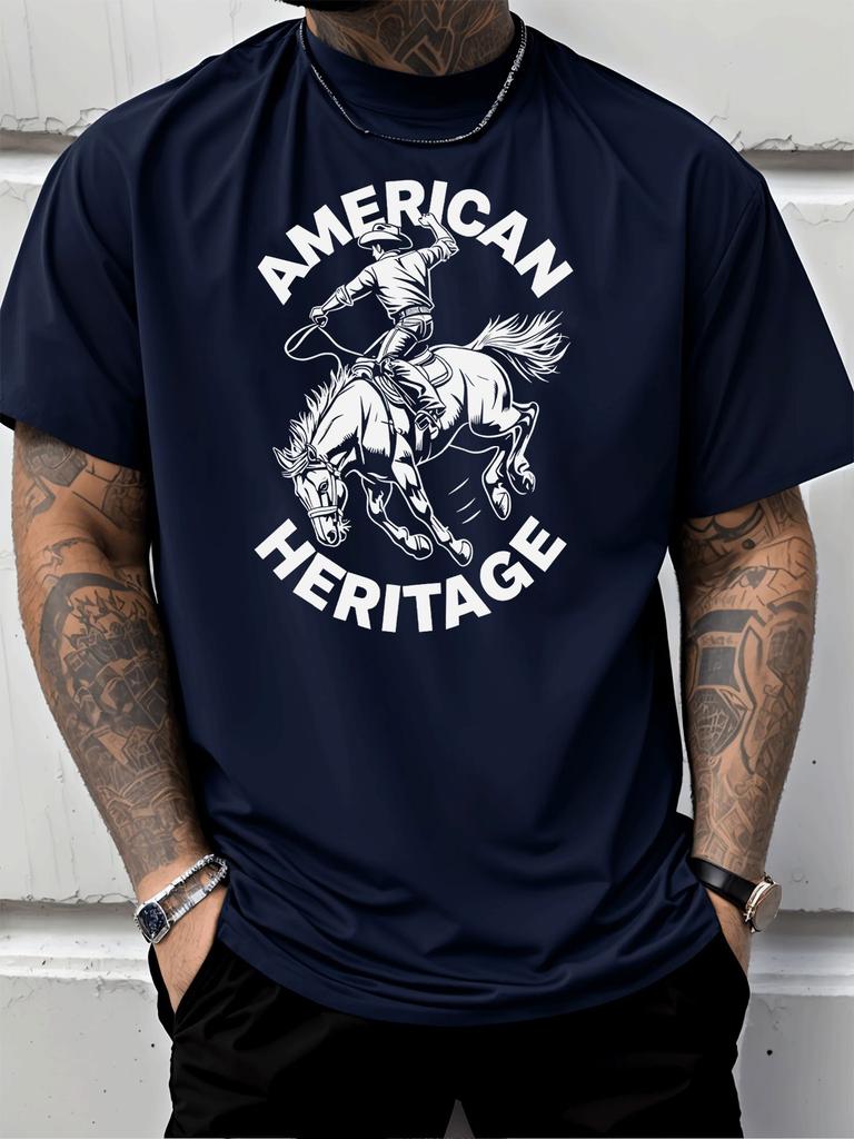 Unisexs Casual Short Sleeve T Shirt American Heritage Cowboy Print Crew Neck Cotton Tee Loose Western Summer Tops For Adult Guys