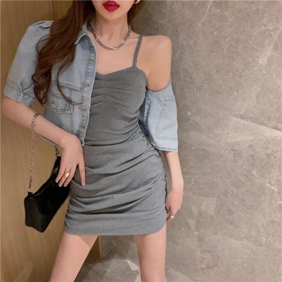 Elastic Off-Shoulder Pleated Mini Dress with Straps, Flaw-Hiding, Sexy Bodycon Skirt