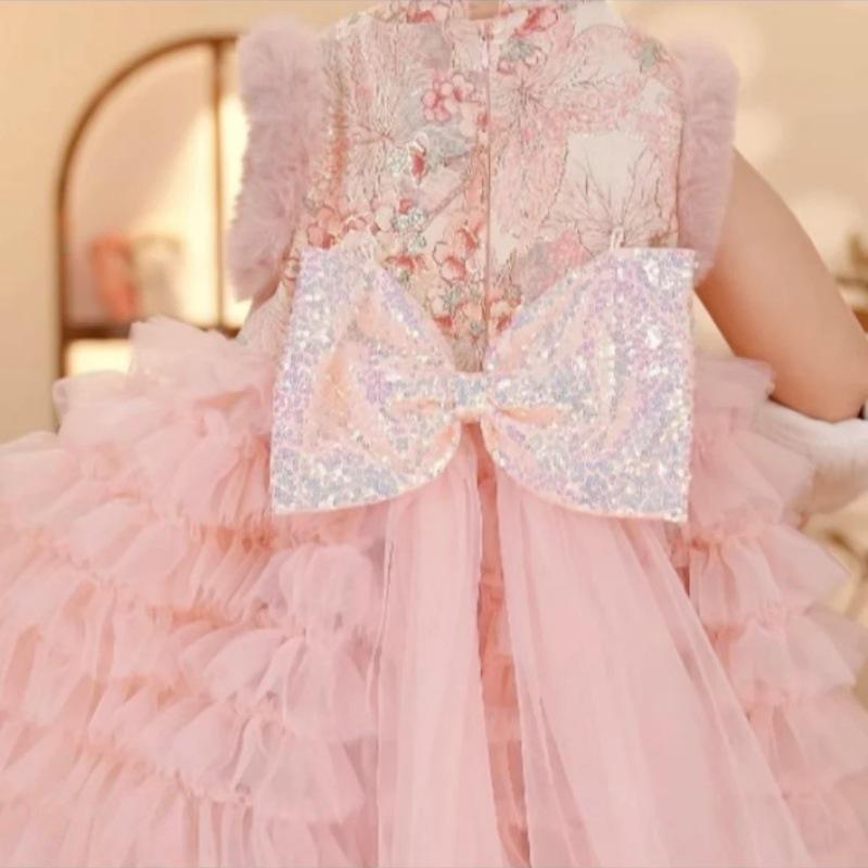 2026 New Year Girls' Floral Retro Chinese Style Padded Vest Dress