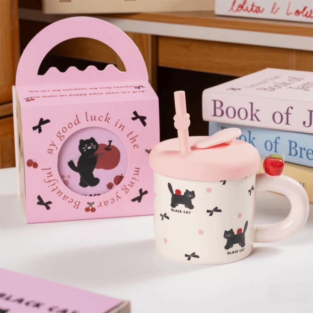 With Straw Cute Drinking Cup Cute Cat Pattern Water Cup with Lid for Best Friend