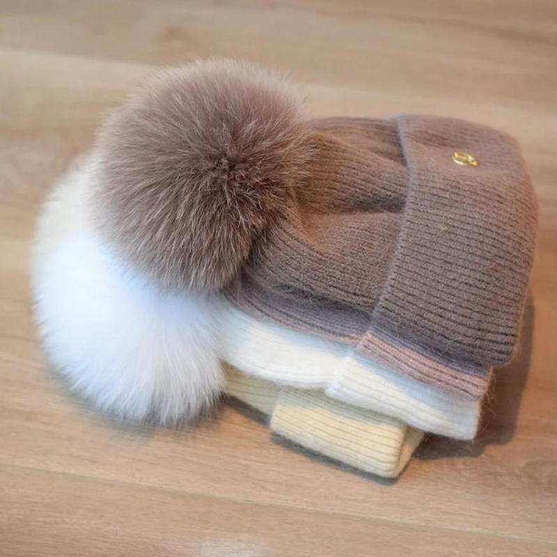 Winter Fox Fur Pompom Hats Angola Beanie For Women Studded Beaded Knitted Hats Outdoor Thick Warm Hat Casual Fashion Cap