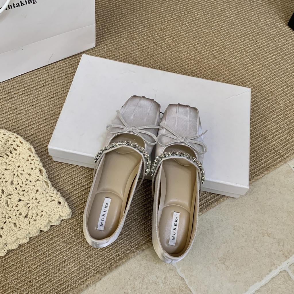 2025 new autumn and winter square head with rhinestone satin bow soft bottom ballet bean inner height increase pregnant women