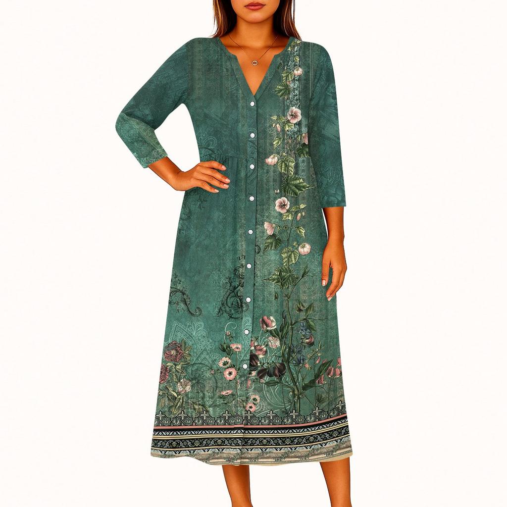 Women's Fashionable Printed Round Neck Seven Quarter Sleeve Button Loose Shirt Dress