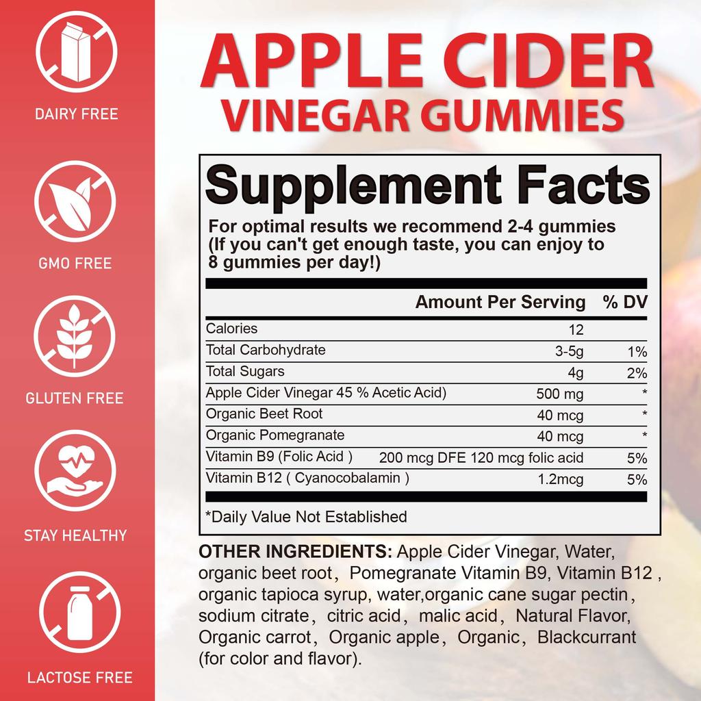 Appelazijn gummies, met een mix van vitamine B6, B12 en foliumzuur, zijn mild, gemakkelijk opneembaar en geschikt voor zowel mannen als vrouwen.