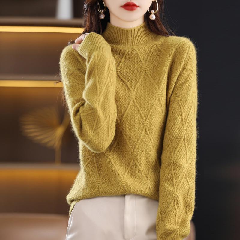 Women's High Neck Pure Wool Pullover Sweater with Diamond Pattern, Thick Base Layer, Solid Color Knit.