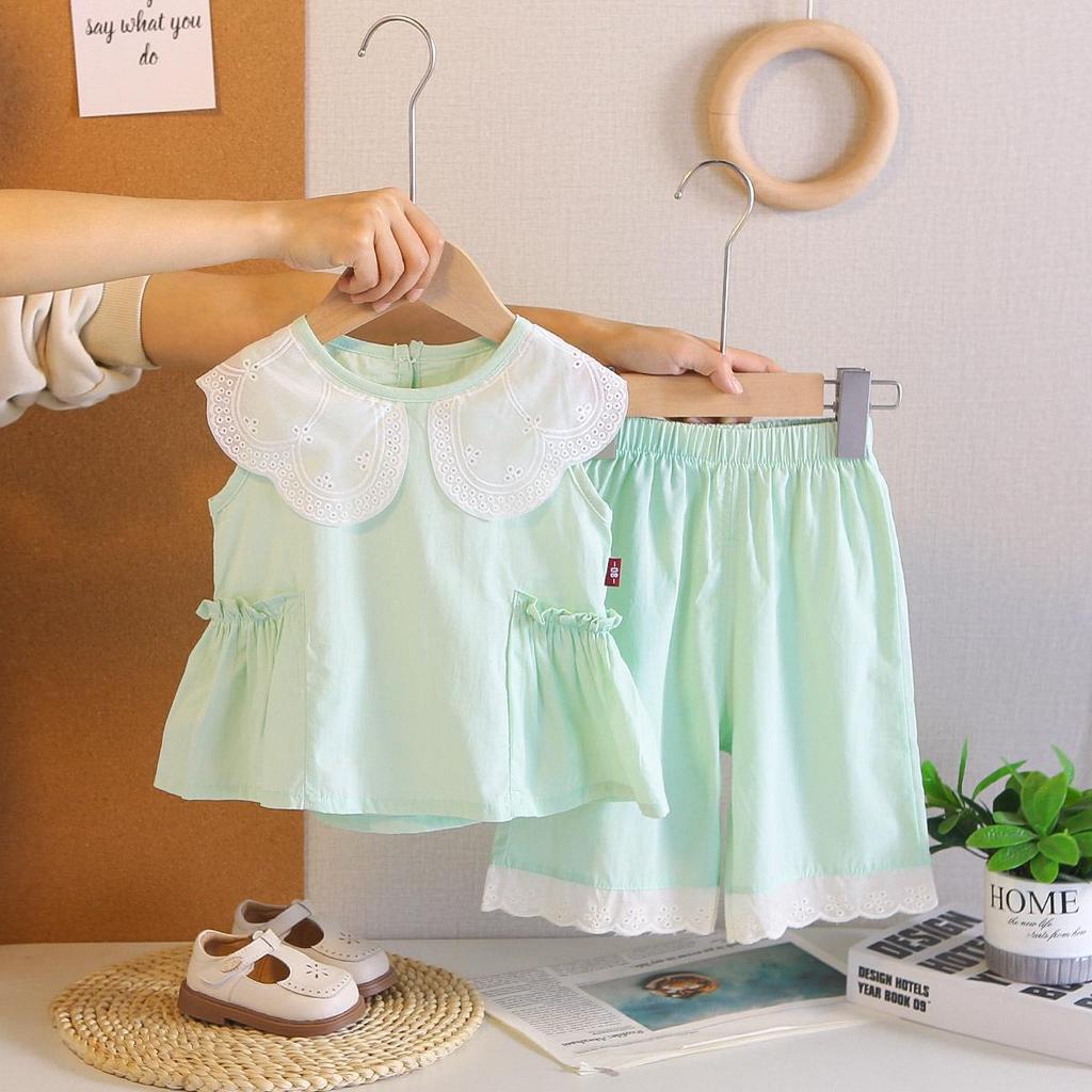 Krajková be rukávová panenkovská košile a široké kalhoty pro malé holčičky - Letní dvoudílná sada ve stylu Mori