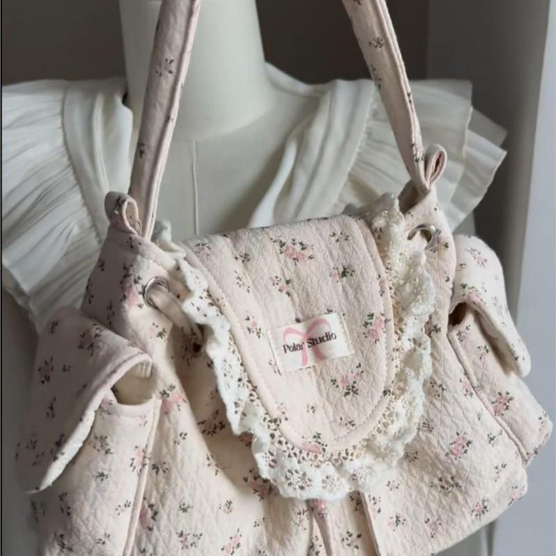 Korean Sweet Lovely Floral Tote Bag Women Lace Large Capacity Canvas Shoulder Bag Ladies Harajuku Gentle Versatile Underarm Bags