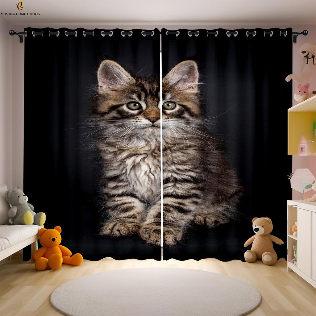 Cat Cartoon Printed Curtains Polyester Bedroom Living Room Kids Window Decoration Curtain Set Of 2 Made Washable Sitting Ready