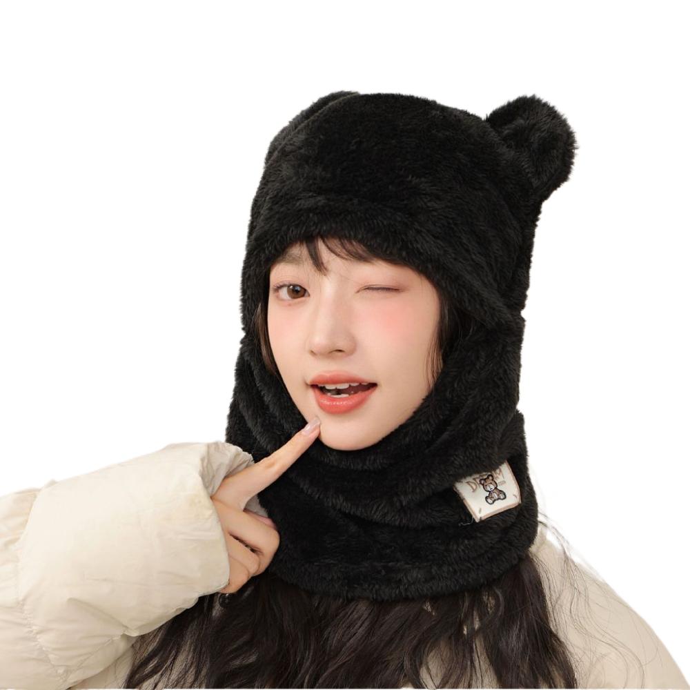 

Комплект шапка-шарф в корейском стиле с мишкой, сохраняющий тепло, зимняя шапка-пуловер, милая шапка с защитой ушей, для велоспорта чёрный