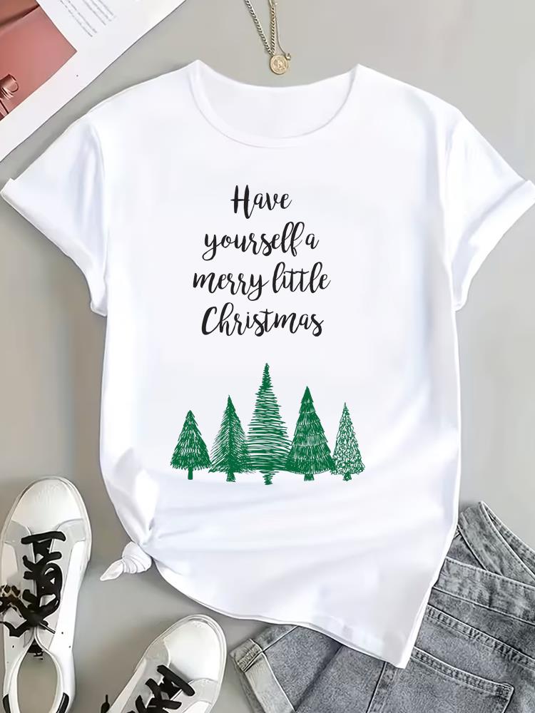 (Asian Size) Watercolor Tree Tee Top Print Christmas New Year Clothing T Shirt Women Fashion Festival Female Woman Short Sleeve Graphic T-shirts