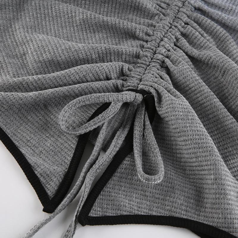 Short Slim Top for Women Vintage V-neck Drawstring Pleated Short Sleeve Top Summer Sexy Irregular T-shirt Gothic Korean Crop Top