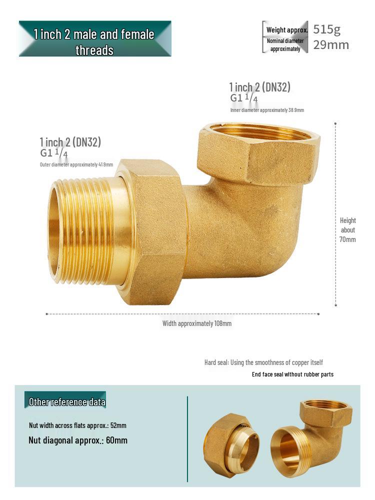 All-Copper 90° Elbow Adapter, Male & Female Thread, Equal Diameter, Thickened Connector for Solar Water Pipes