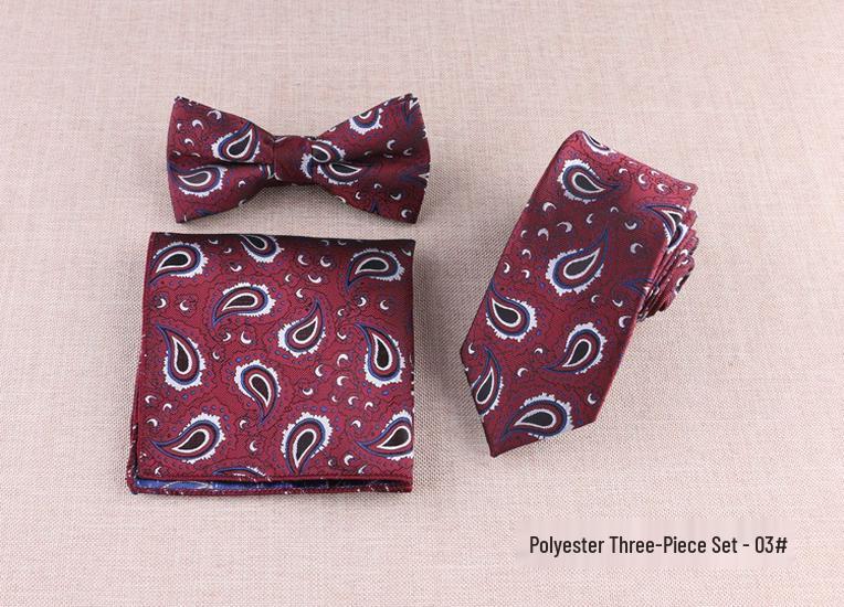Men s Formal Wear: Three-Piece Polyester Set with Square Scarf, Bow Tie, and Tie.