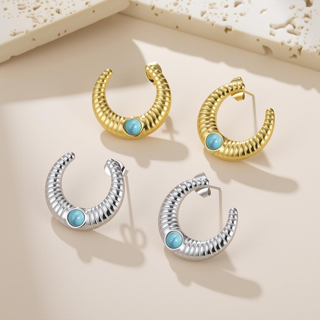 Teamer Turquoise Crescent Stud Earring For Women Girls Gold Color Stainless Steel Simple Style Fashion Jewelry Birthday Gift