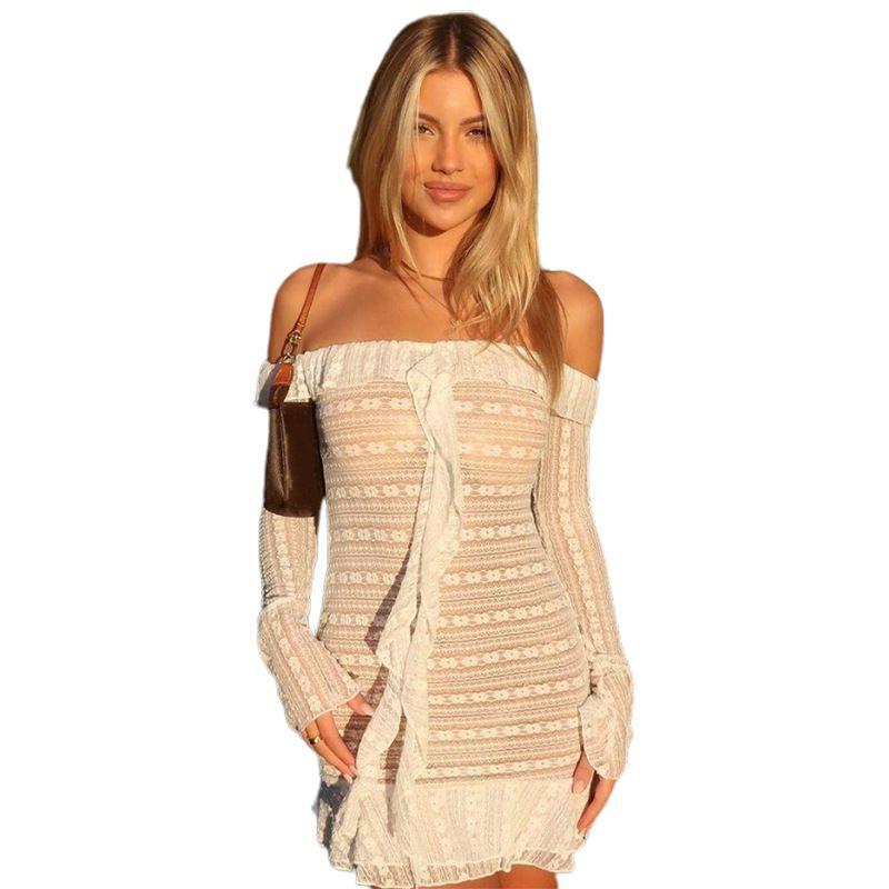 

Платье Мода 2023 Осень и Зима Новая Женская Одежда Мода с Открытыми Плечами Рюши Подол Кружево Приталенное Платье White S