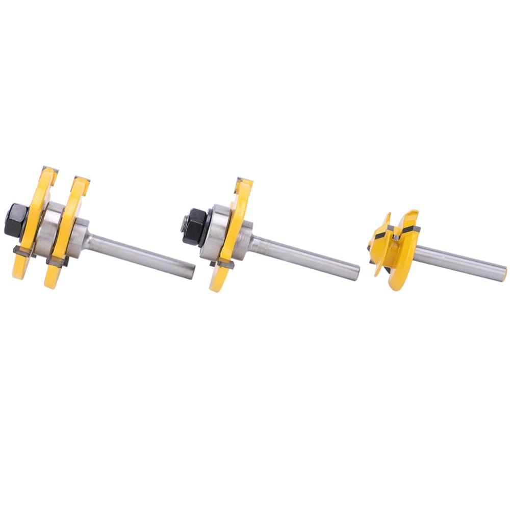 3pcs 45 Degree Angle Lock Miter Router Bit 3 Teeth T-Shape Tongue and Groove Set For Cabinets