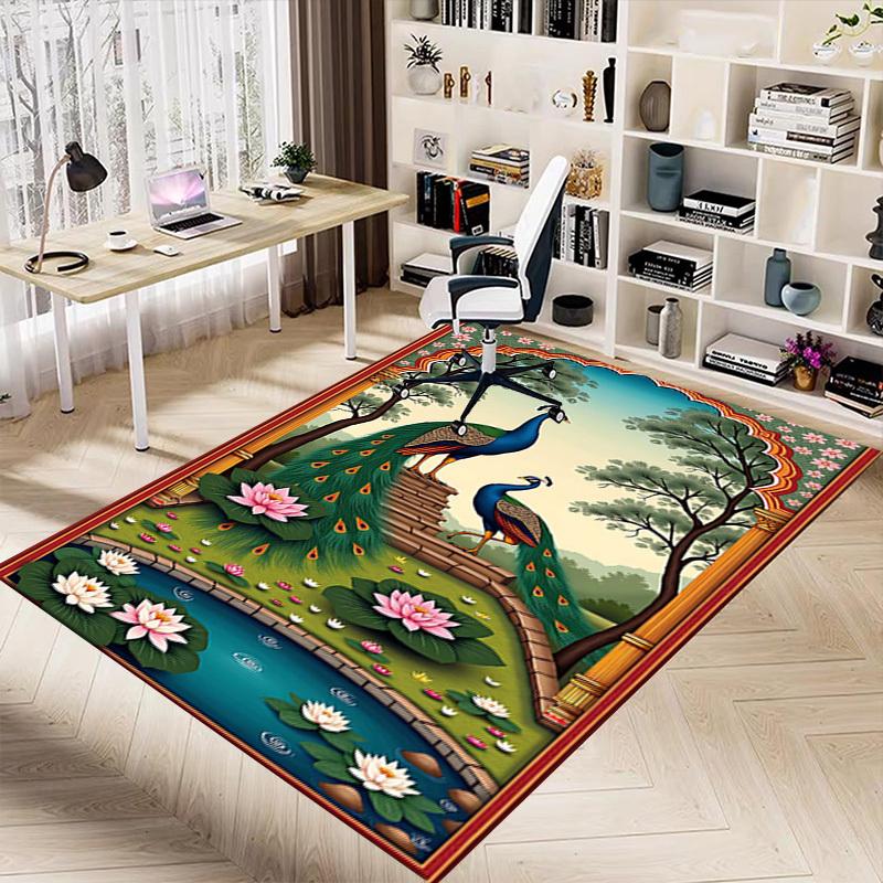 1PC Peacock Lotus Non-Slip Floor Carpet Compatible for Office&Living Room&Bedroom&Dining room - Flat - Weave Machine-S0374
