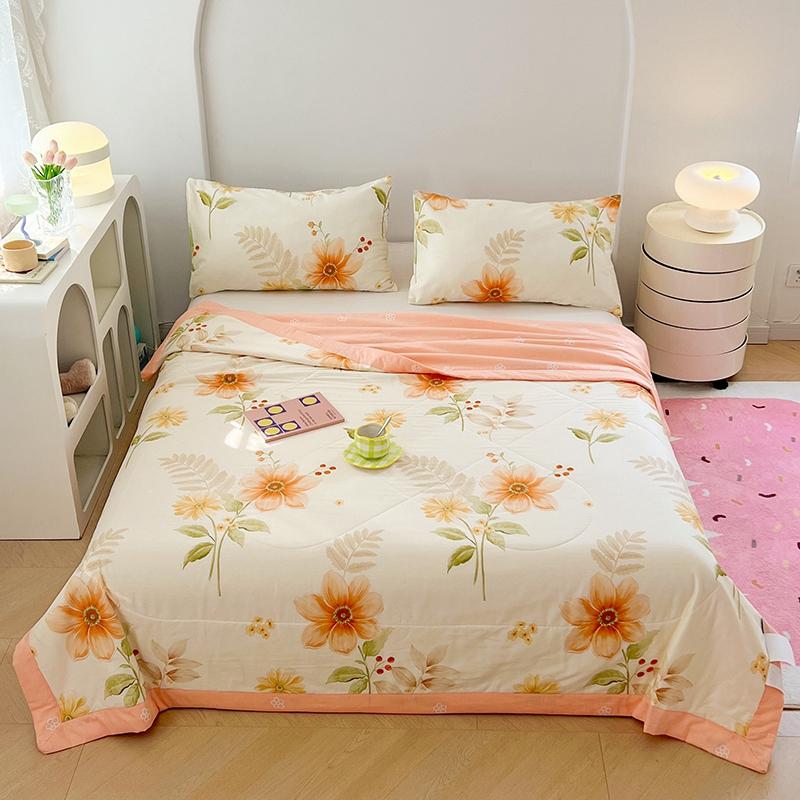 Fresh White Flowers 100% Cotton Quilted Quilt Summer Skin-friendly Comfortable Air Conditioning Quilt for Kids Teens Adults