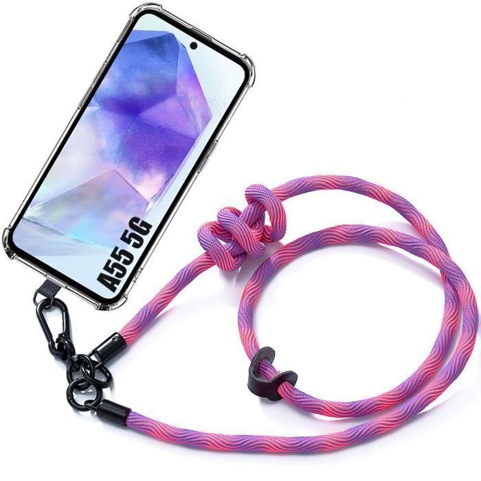 Coque - samsung - galaxy a55 5g - antichoc - silicone transparent - lanière amovible rose