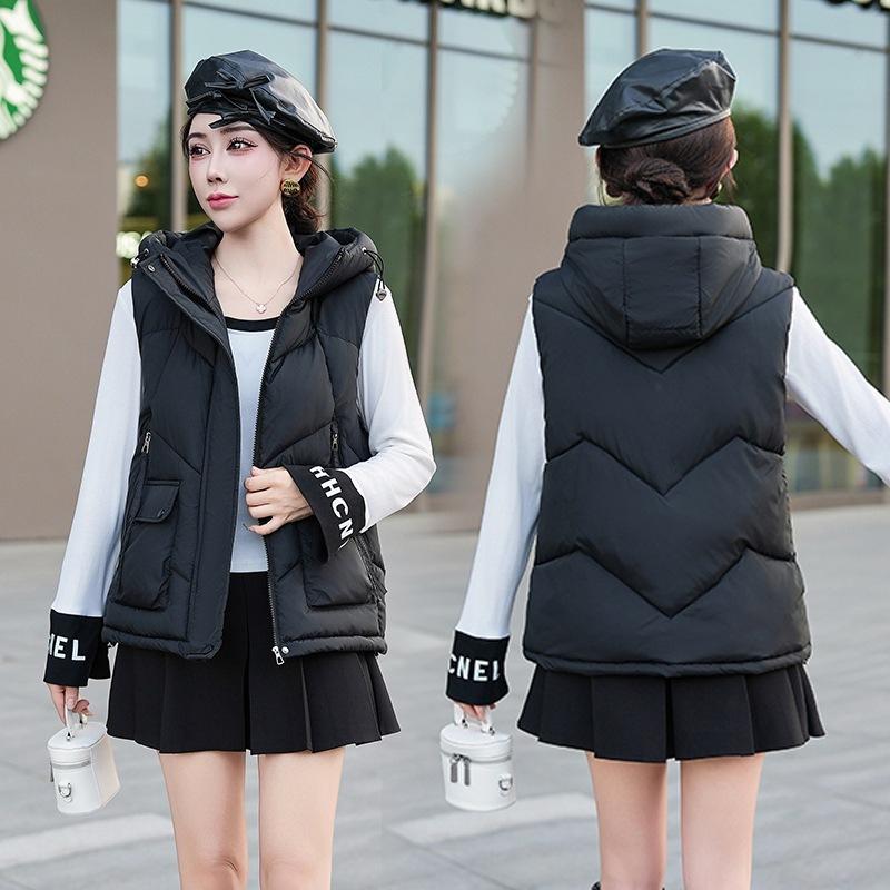 

Autumn and winter fashion vest women s short thin with loose solid color vest vest hooded jacket M чёрный