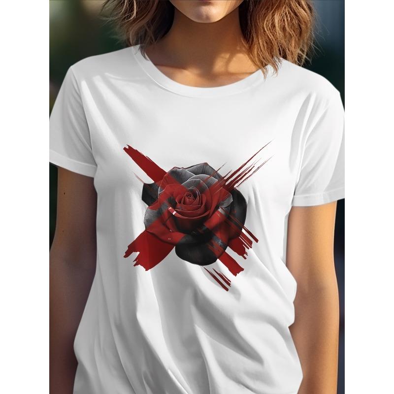 Wo S White T-Shirt - Breathable Tee with Red Rose Graphic | Round Neck, Casual Everyday and Date Night Top, Machine Washable, S белый