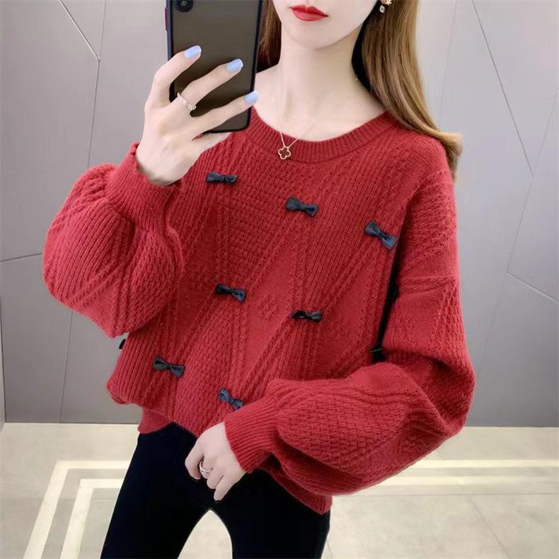 Women's Round Neck Pullover Base Sweater for Autumn and Winter Loose and Lazy Style Butterfly Knot Knit Sweater