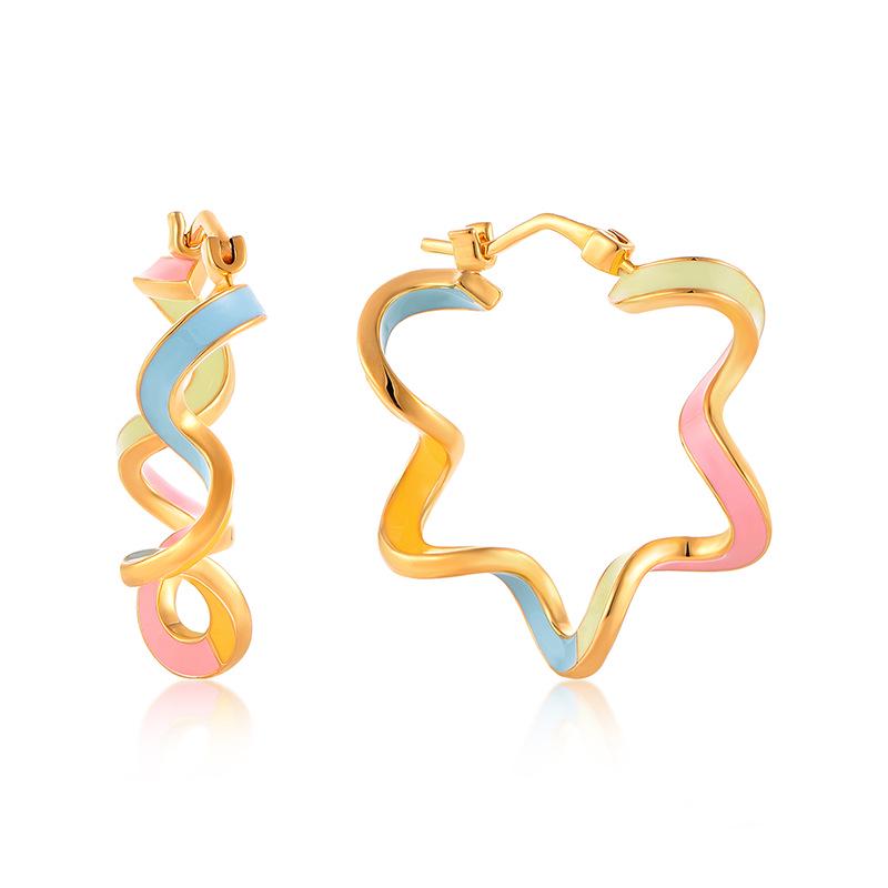 French Retro Geometric Wave Stud Earrings with Color Drip Detail - Luxury Design for Women