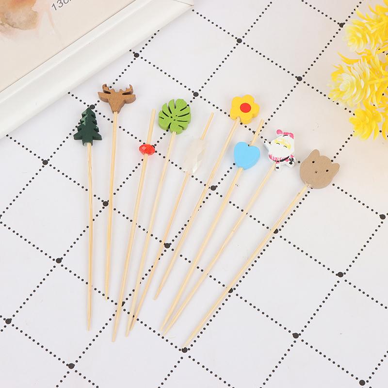 100Pcs Mix Fruit Bamboo Pick Buffet Cactus Leaves Cupcake Fruit Fork Salad Stick