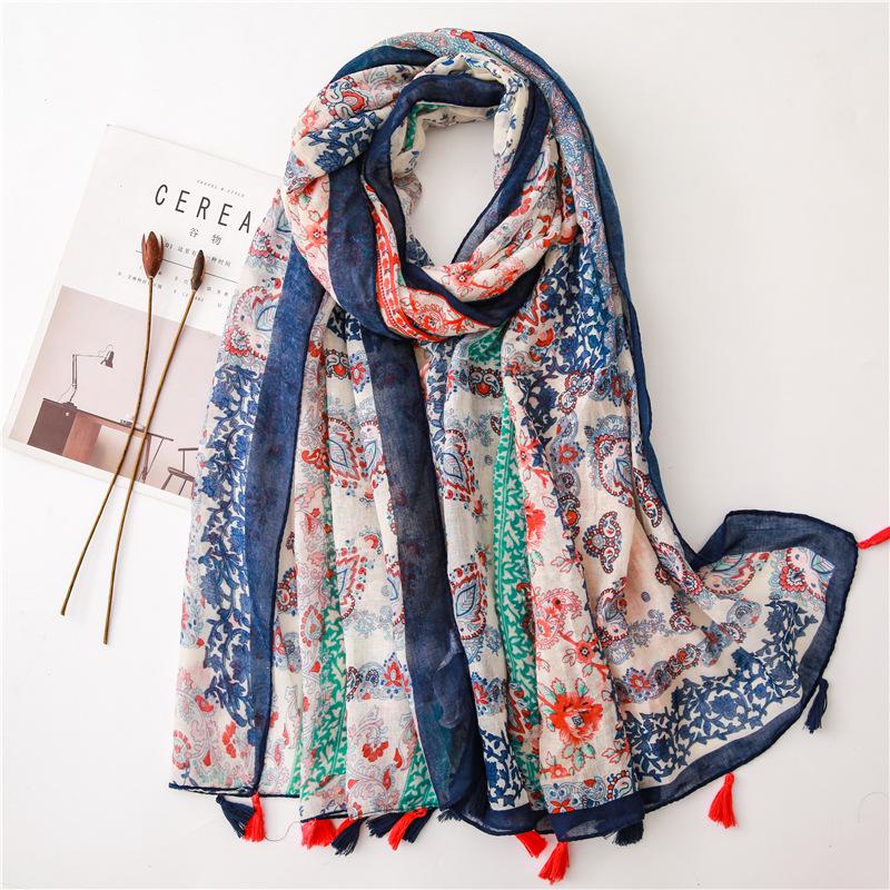 Women's Summer Retro Style Floral Silk Scarf with Colorful Tassels