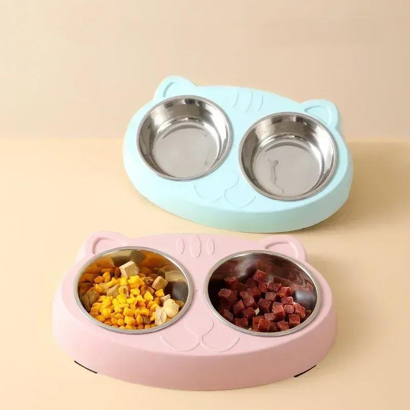 Pet Double Bowl Plastic Kitten Cat Food Drinking Tray Feeder Cat Feeding Pet Supplies Accessories