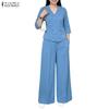Damen 3/4 Ärmel Bluse und Lange Hosen Lässige Zweiteilige Anzug Sets