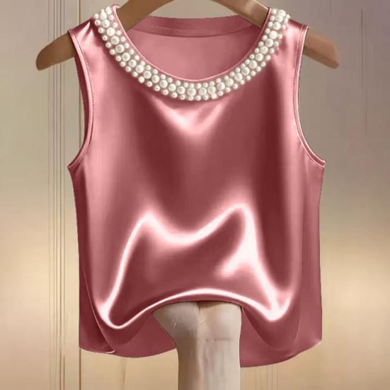 Damenweste Rundhalsausschnitt Imitierte Perlen Verziert Ärmellos Oberteile Glattes Satin Weiche Oberteile Lockerer Schnitt Freizeitoberteile Party Urlaub Tägliche Kleidung