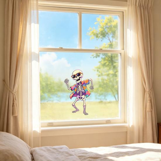 Dancing Skeleton Static Glass Sticker, Skeleton with Sunglasses And Floral Shirt Window Clings, Waterproof Window Decals for Bars Pubs Restaurants