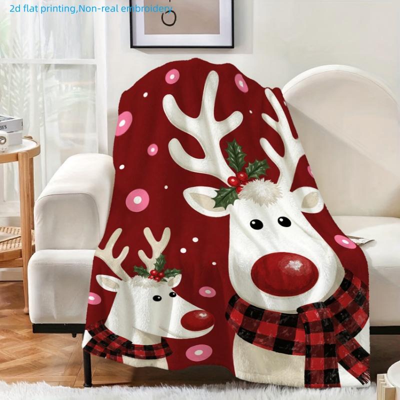 1pc Christmas Reindeer Print Blanket, Festive Atmosphere, Multiple Sizes Available, Autumn Thanksgiving Christmas Nap Blanket, Suitable for Living Roo