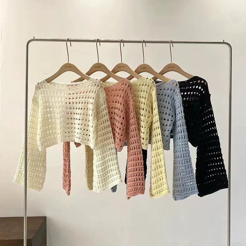 Mode Nouveau Manches Longues Découpe Voir à Travers Chemise Femme Col O Tricot Couverture Haut Court Décontracté Pull Court Ample Protection Solaire Tricot Élégant Haut Court