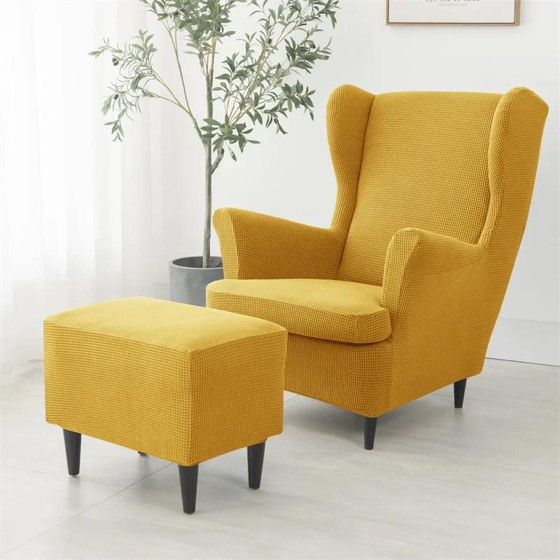 Polar Fleece Wing Chair Cover Stretch Spandex Wingback Armchair Covers Solid Color Relax Sofa Slipcovers With Seat Cushion Cover