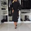 Slim Fit V-neck Dress Women Formal Business Style Turn-down Collar Long Sleeve Pure Color Belt Lace-up Cross Cardigan Spring Midi OL Commuting