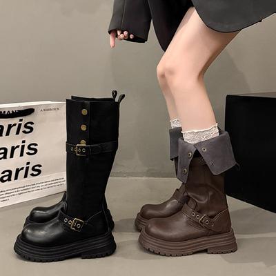 2025 New British Style Thick-soled Black Slim Boots Tall Thick-heeled Boots Women's Retro Autumn and Winter Knight Boots