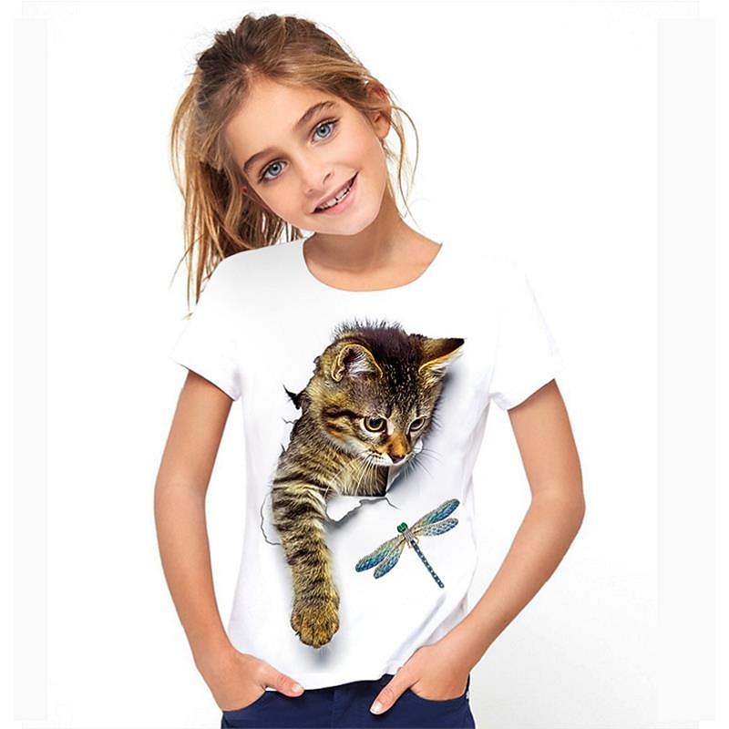 Girls' 3D Graphic Animal Cat T shirt Tee Short Sleeve 3D Print Active Cute Kids 3-12 Years