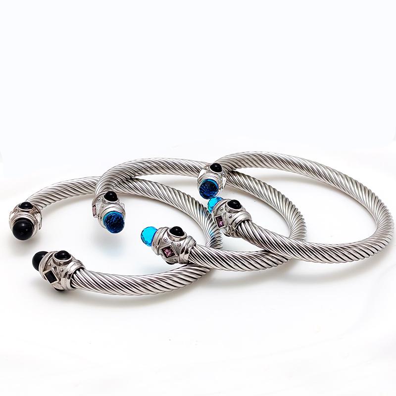 Stylish European-American 18K Gold Stainless Steel Wire Bracelet for Women, Geometric Open Design, Inlaid with Colored Diamonds, Colorfast.