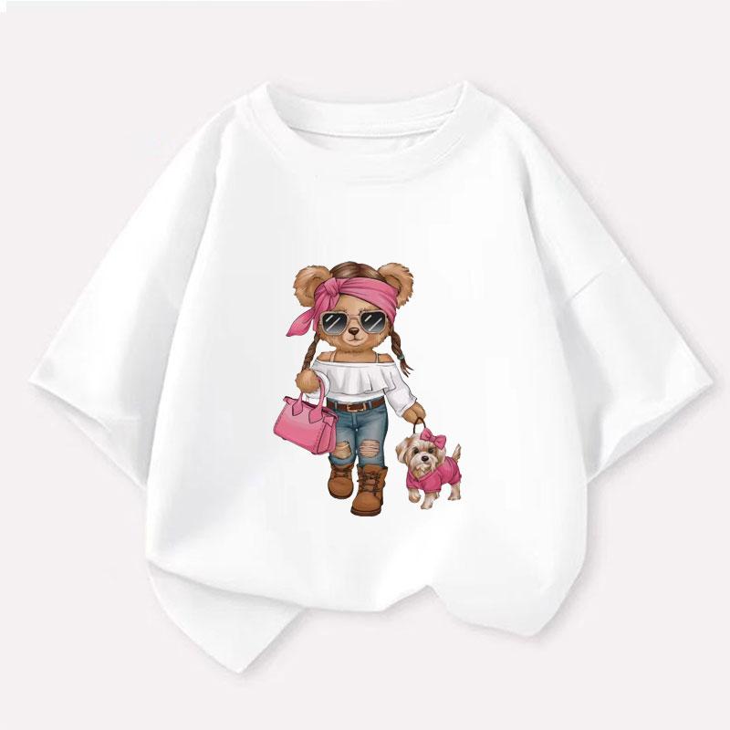 Neue Oberteile Trendiger Bär Cartoon Grafikdruck Baby Mädchen T-Shirt Baumwolle Kinder Tops T-Shirt Jungen Sommermode T-Shirt 2-16 Jahre